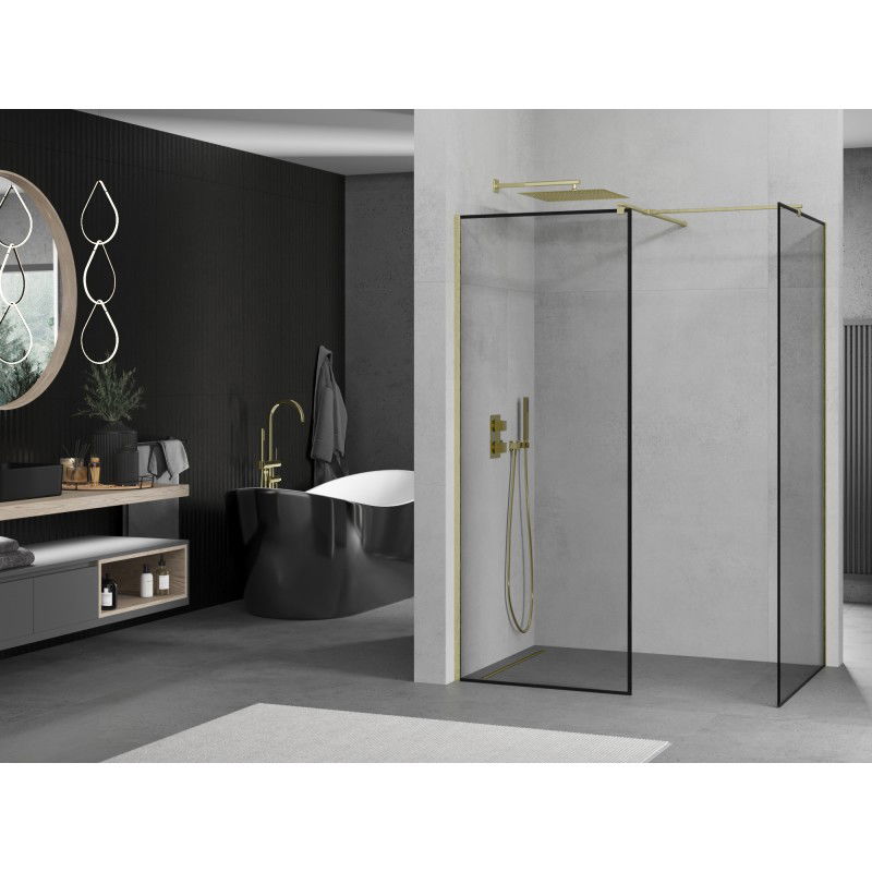 Mexen Kioto paroi de douche Walk-in 160 x 100 cm, cadre noir, or brossé - 800-160-202-55-70-100