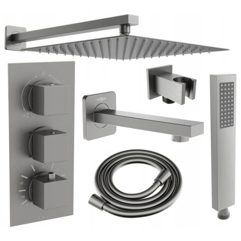 Mexen Cube DR02 ensemble de baignoire-douche encastré avec douche de tête 25 cm, gris fusil brossé - 77503DR0225-66