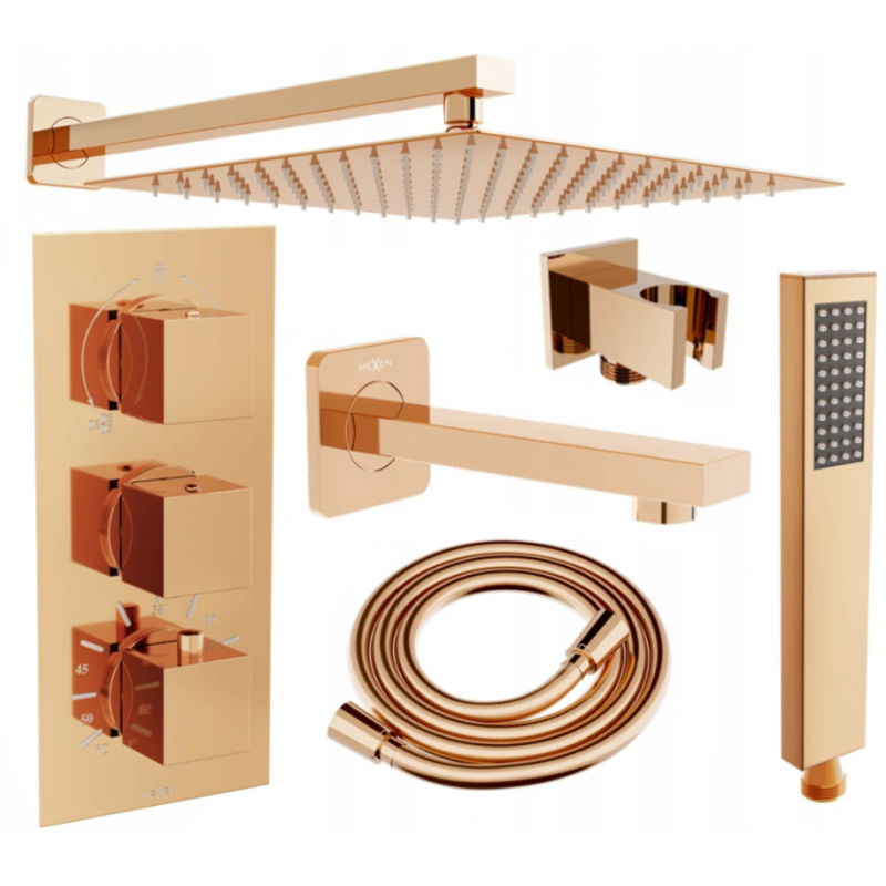 Mexen Cube DR02 ensemble de baignoire-douche encastré avec tête de douche de 25 cm, or rose - 77503DR0225-60