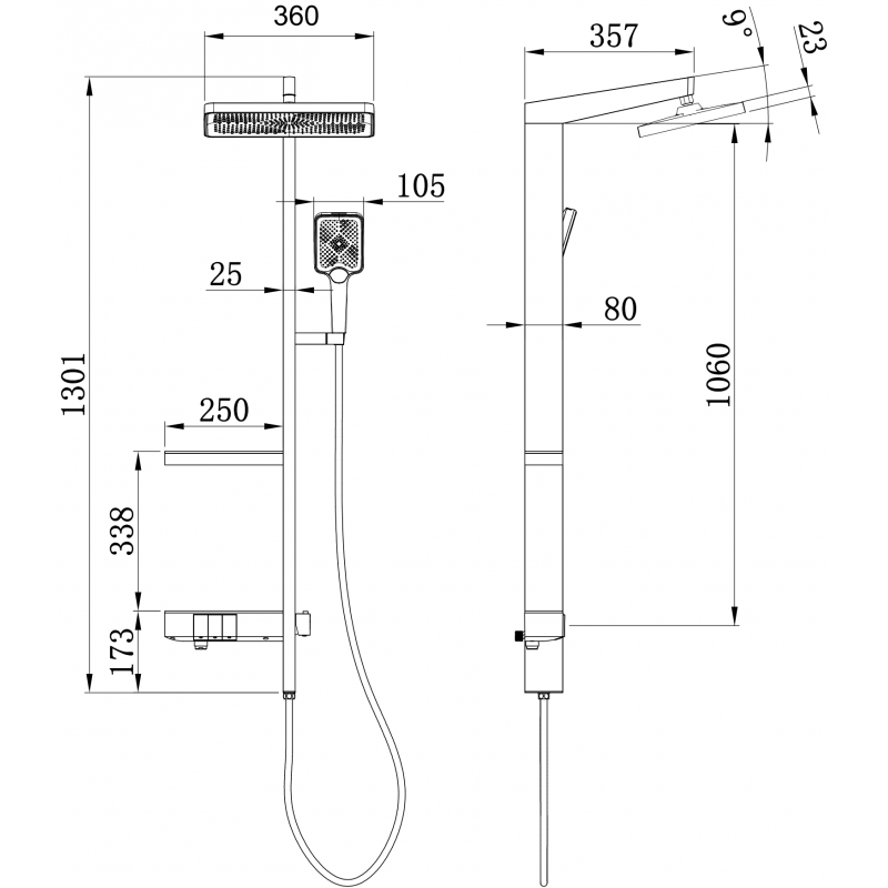 Mexen Roar ensemble de douche en saillie avec pomme haute et robinet, noir - 78105-70