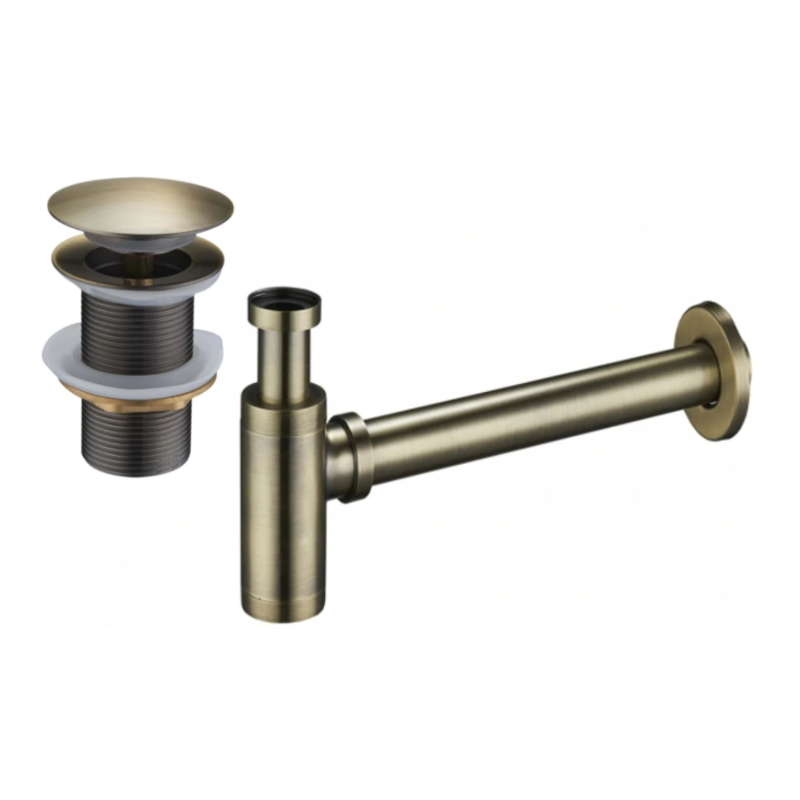 Mexen demi-siphon rond pour lavabo avec bouchon céramique clic-clac, sans trop-plein, Laiton antique- 7991050-40