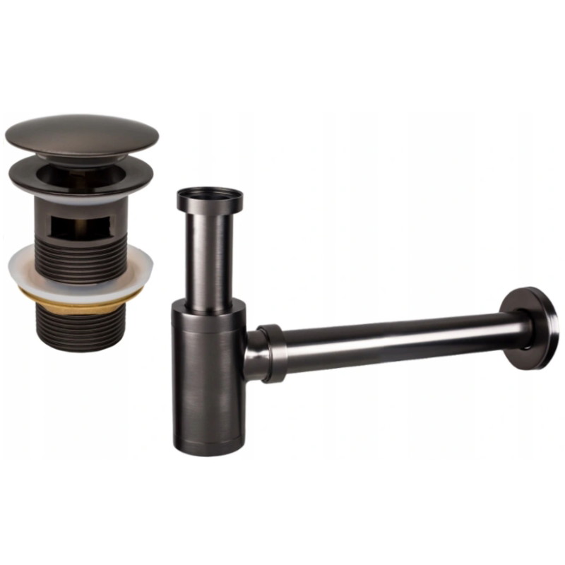 Mexen siphon demi-ronde pour lavabo avec bouchon clic-clac, avec trop-plein, gris canon brossé - 7992050-66