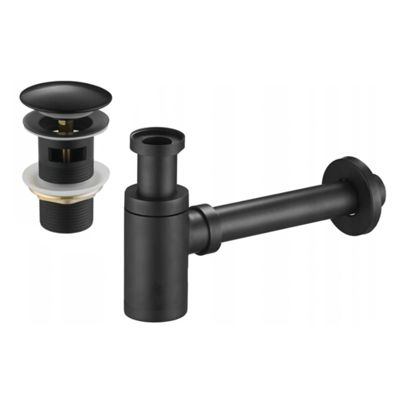 Mexen demi-siphone rond pour lavabo avec bouchon clic-clac, avec trop-plein, Noir - 7992050-70