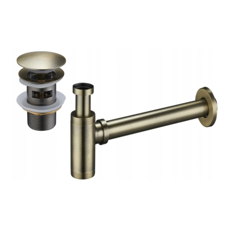 Mexen demi-siphone rond pour lavabo avec bouchon clic-clac, avec trop-plein, Laiton antique - 7992050-40