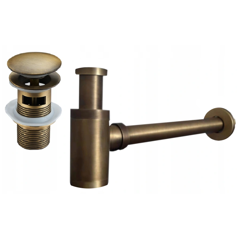 Mexen demi-siphone rond pour lavabo avec bouchon clic-clac, avec trop-plein, Bronze antique - 7992050-30