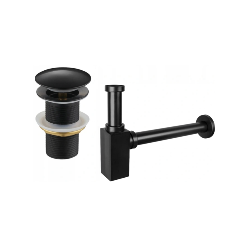 Mexen demi-siphon carré pour lavabo avec bouchon clic-clac, sans trop-plein, Noir - 7991060-70
