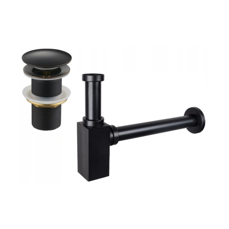 Mexen demi-siphon carré pour lavabo avec bouchon clic-clac, sans trop-plein, Noire antique- 7991060-79