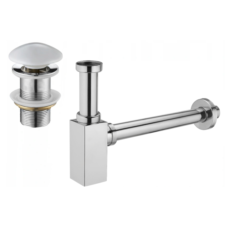Mexen demi siphon carré pour lavabo avec bouchon céramique click/clack, sans trop-plein, Chrome/Blanc - 7991060-02