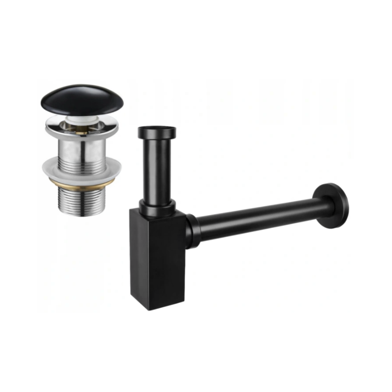 Mexen demi siphon carré pour lavabo avec bouchon céramique click/clack, sans trop-plein, Noir - 7991060-75
