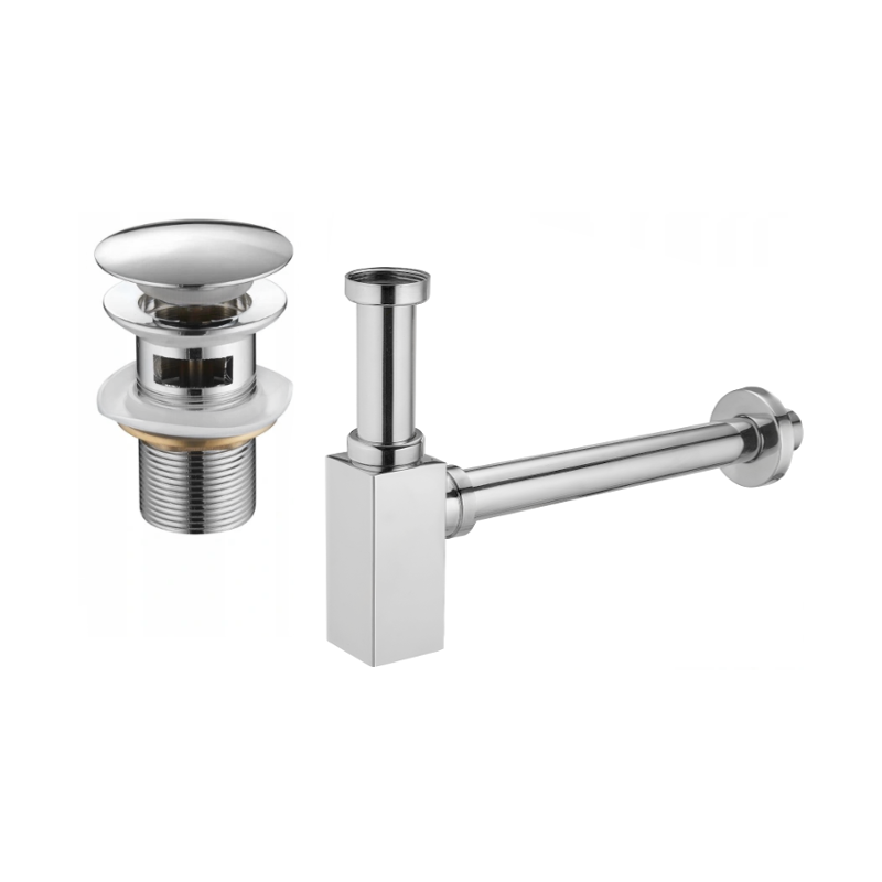 Mexen demi-siphon carré pour lavabo avec bouchon clic-clac, avec trop-plein, Chrome - 7992060-00