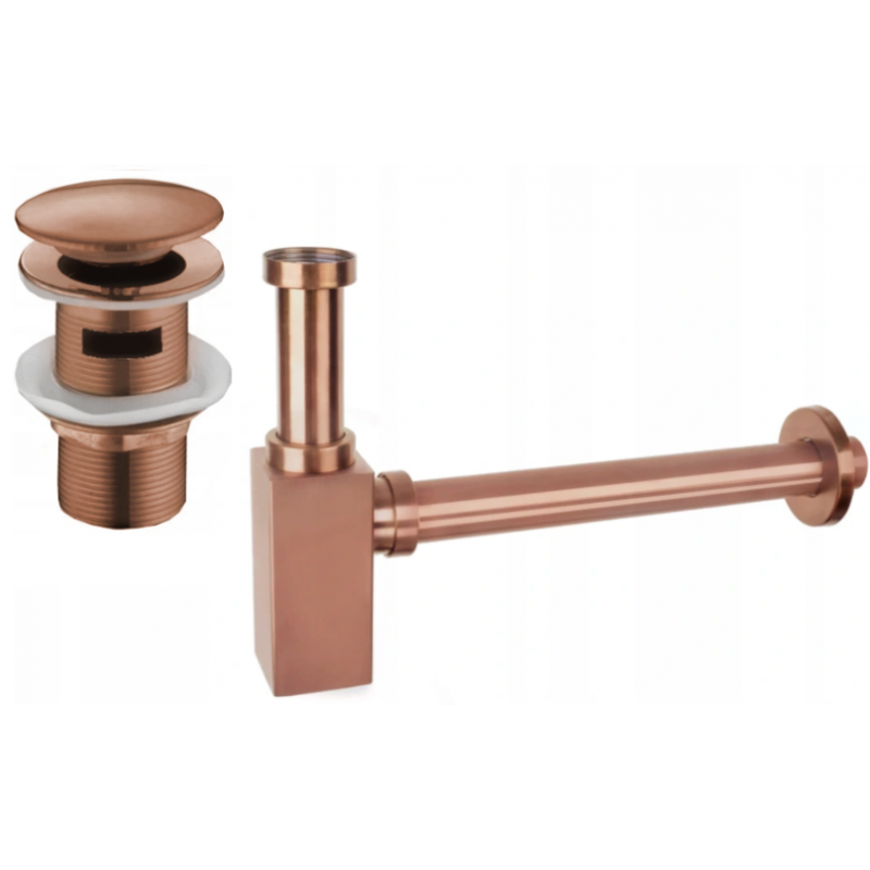 Mexen demi-siphon carré pour lavabo avec bouchon clic-clac, avec trop-plein, Or rose - 7992060-60