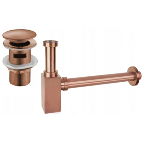 Mexen demi-siphon carré pour lavabo avec bouchon clic-clac, avec trop-plein, Or rose - 7992060-60