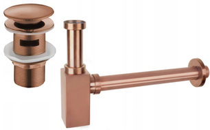 Mexen demi-siphon carré pour lavabo avec bouchon clic-clac, avec trop-plein, Or rose - 7992060-60