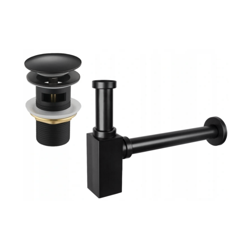 Mexen demi-siphon carré pour lavabo avec bouchon clic-clac, avec trop-plein, Noir - 7992060-70