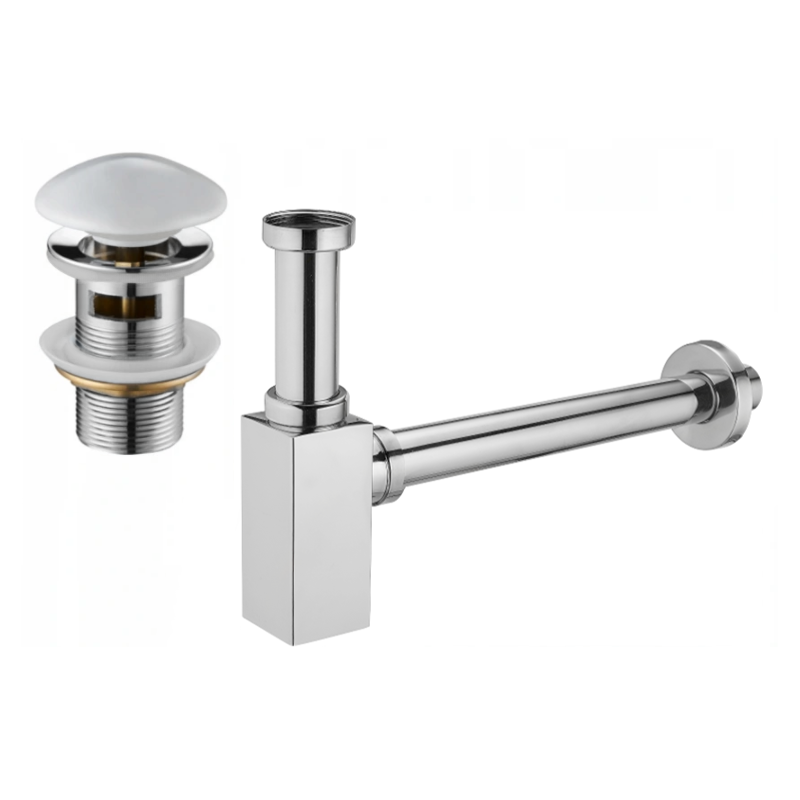 Mexen demi-siphon carré pour lavabo avec bouchon clic-clac en céramique, avec trop-plein, Chrome/Blanc - 7992060-02