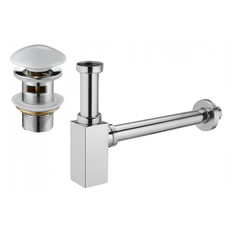Mexen demi-siphon de lavabo carré avec bouchon céramique click-clack, avec trop-plein, chrome/blanc - 7992060-02
