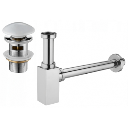 Mexen demi-siphon carré pour lavabo avec bouchon clic-clac en céramique, avec trop-plein, Chrome/Blanc - 7992060-02