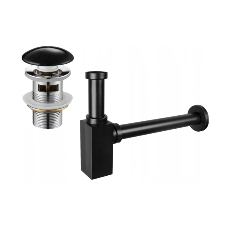 Mexen demi-siphon d'évier carré avec bouchon céramique clic-clac, avec trop-plein, noir - 7992060-75