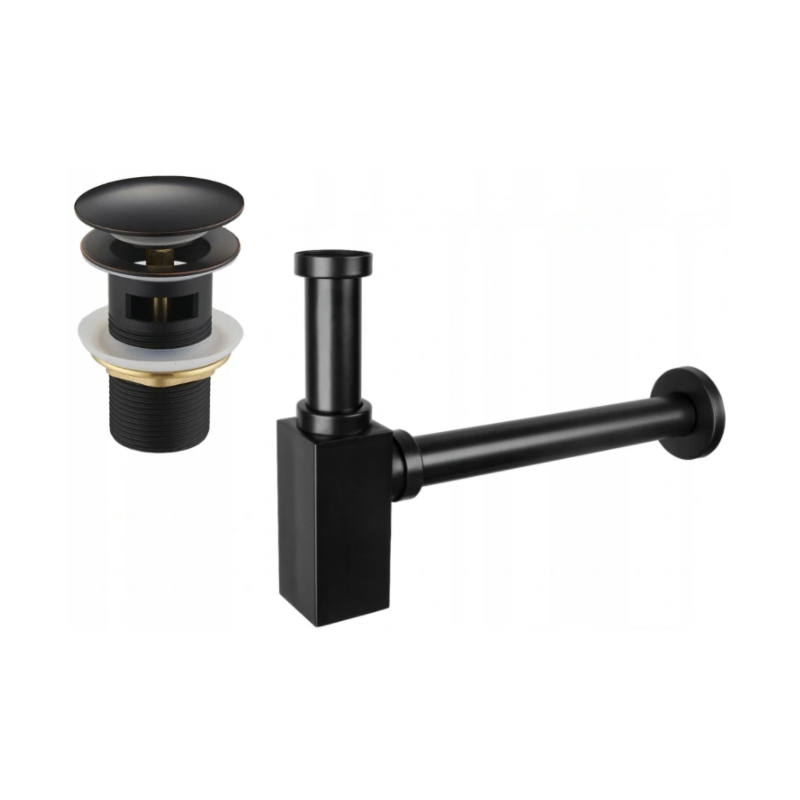 Mexen demi-siphon carré pour lavabo avec bouchon clic-clac, avec trop-plein, Noire antique - 7992060-79