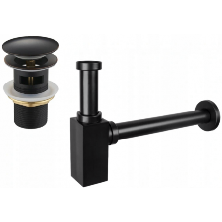 Mexen demi-siphon carré pour lavabo avec bouchon clic-clac, avec trop-plein, Noire antique - 7992060-79