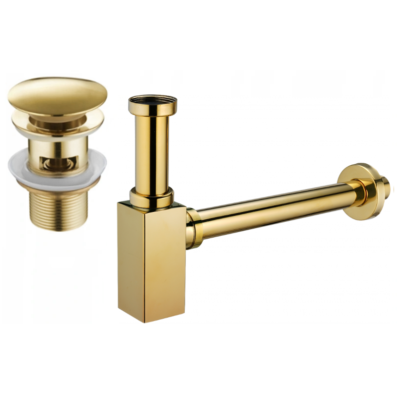 Mexen demi-siphon de lavabo carré avec bouchon clic-clac, avec trop-plein, doré - 7992060-50