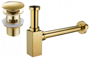 Mexen demi-siphon carré pour lavabo avec bouchon clic-clac, avec trop-plein, Or - 7992060-50