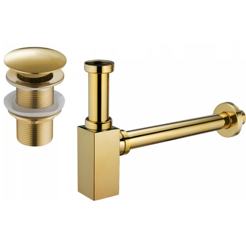 Mexen demi-siphon carré pour lavabo avec bouchon clic-clac, sans trop-plein, Or - 7991060-50