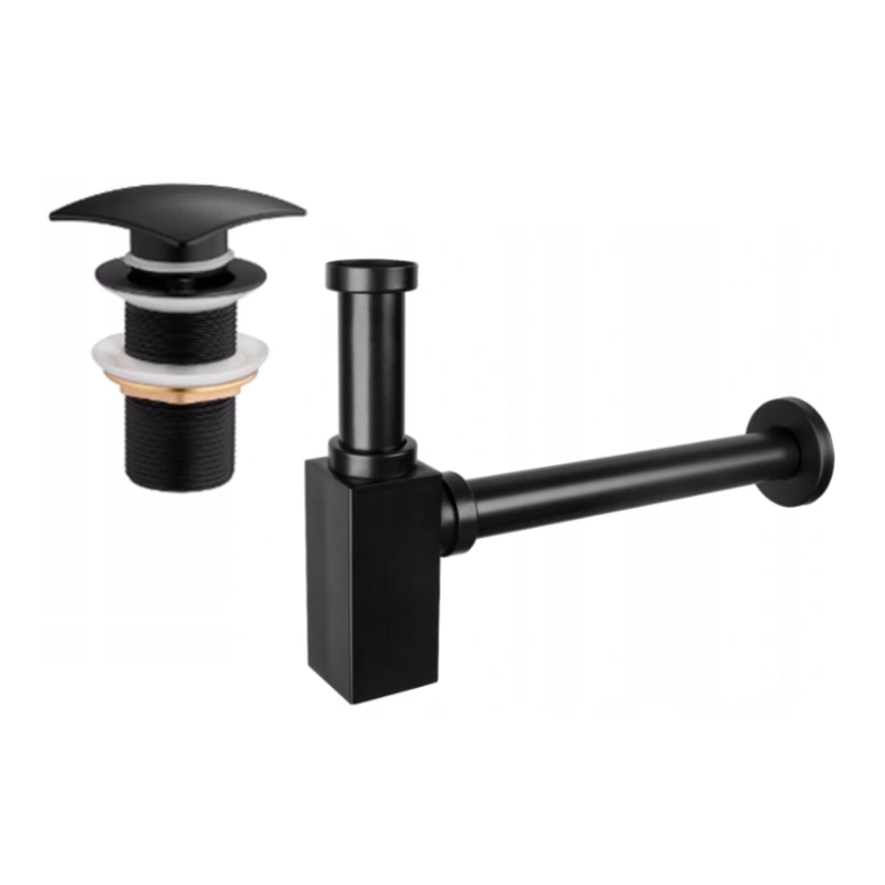 Mexen demi-siphon carré pour lavabo avec bouchon clic-clac, sans trop-plein, Noir - 7991660-70