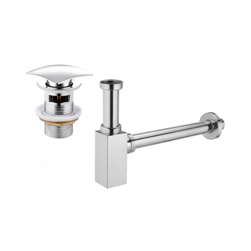 Mexen demi-siphon carré pour lavabo avec bouchon clic-clac, avec trop-plein, Chrome - 7992660-00