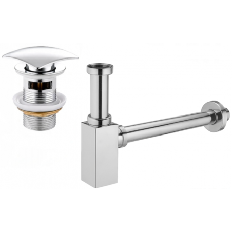 Mexen demi-siphon carré pour lavabo avec bouchon clic-clac, avec trop-plein, Chrome - 7992660-00
