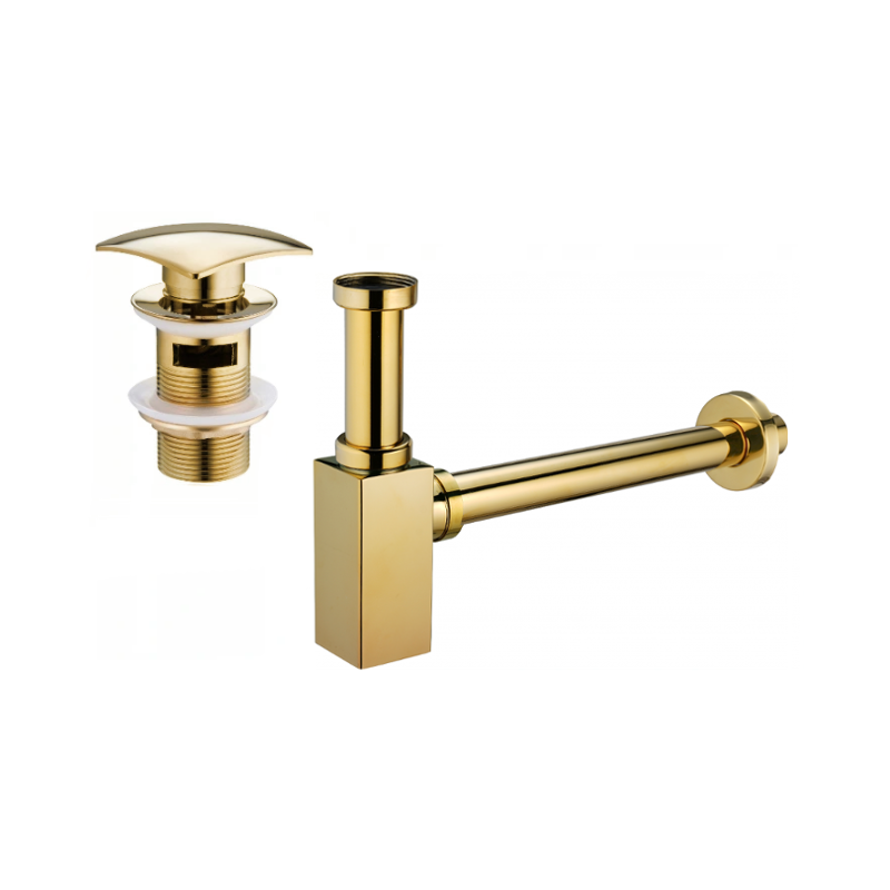 Mexen siphon partiel pour lavabo carré avec bouchon clic-clac, avec trop-plein, doré - 7992660-50