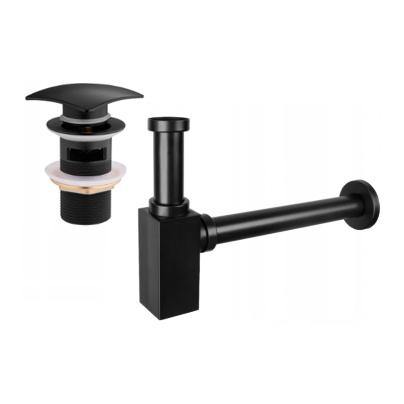 Mexen demi-siphon carré de lavabo avec bouchon clic-clac, avec trop-plein, noir - 7992660-70