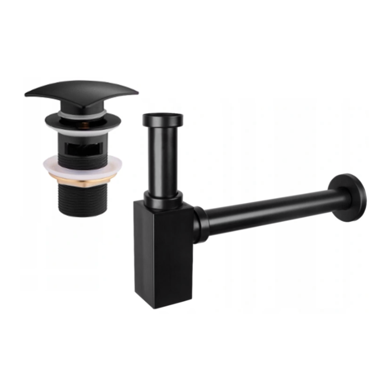 Mexen demi-siphon carré pour lavabo avec bouchon clic-clac, avec trop-plein, Noir - 7992660-70