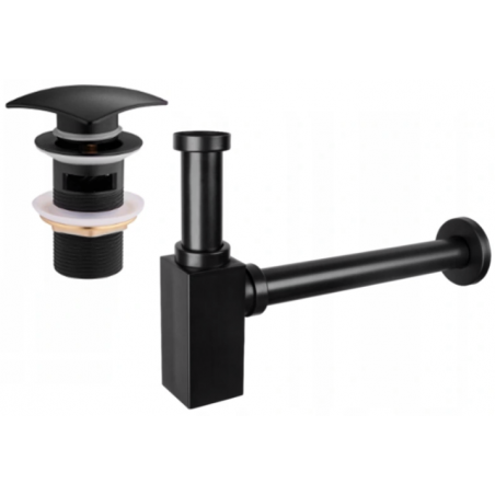 Mexen demi-siphon carré pour lavabo avec bouchon clic-clac, avec trop-plein, Noir - 7992660-70