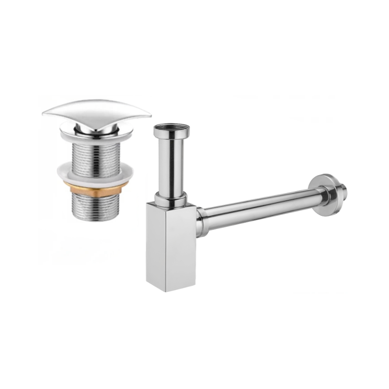 Mexen demi-siphon carré pour lavabo avec bouchon clic-clac, sans trop-plein, Chrome - 7991660-00