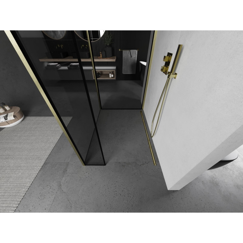 Mexen Kioto paroi de douche Walk-in 140 x 80 x 30 cm, cadre noir, or brossé - 800-140-080-221-55-70-030