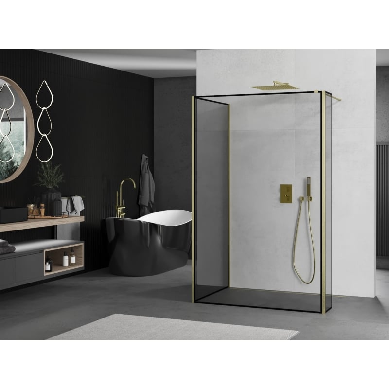 Mexen Kioto paroi de douche Walk-in 130 x 90 x 40 cm, cadre noir, or brossé - 800-130-090-221-55-70-040