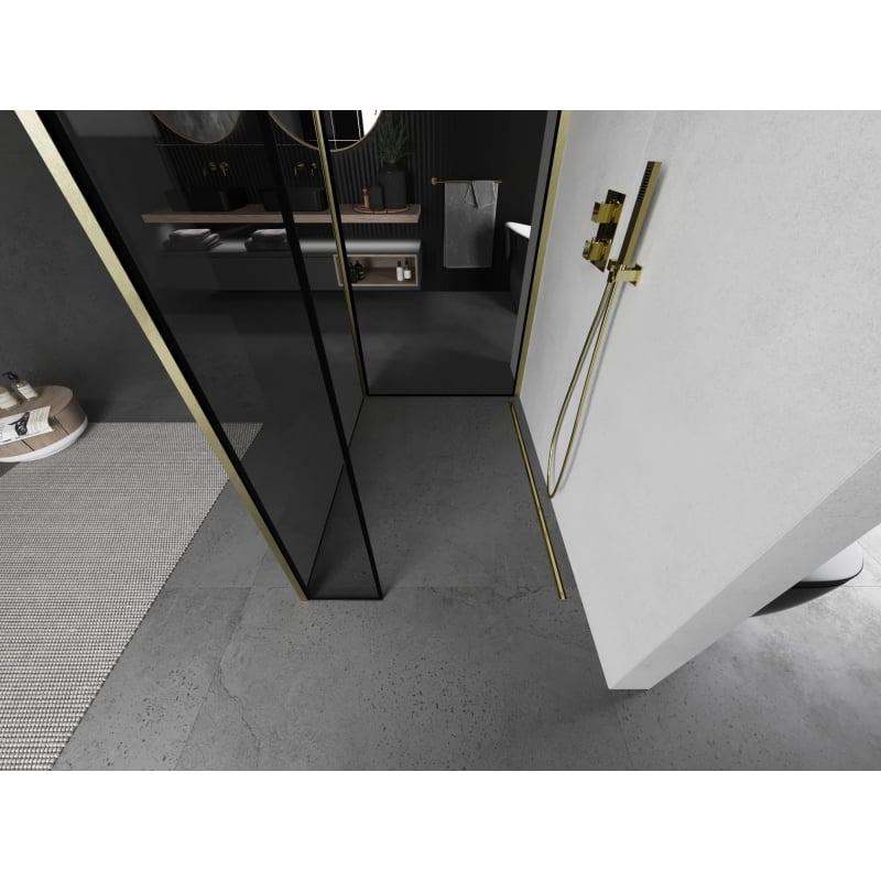 Mexen Kioto paroi de douche Walk-in 130 x 90 x 40 cm, cadre noir, or brossé - 800-130-090-221-55-70-040