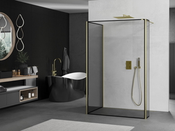 Paroi de douche Mexen Kioto Walk-in 140 x 100 x 40 cm, motif noir, finition dorée brossée - 800-140-100-221-55-70-040