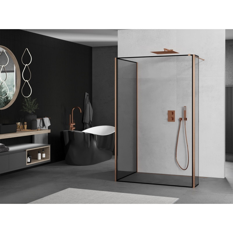 Mexen Kioto paroi de douche Walk-in 90 x 90 x 30 cm, cadre noir, cuivre brossé - 800-090-090-221-65-70-030