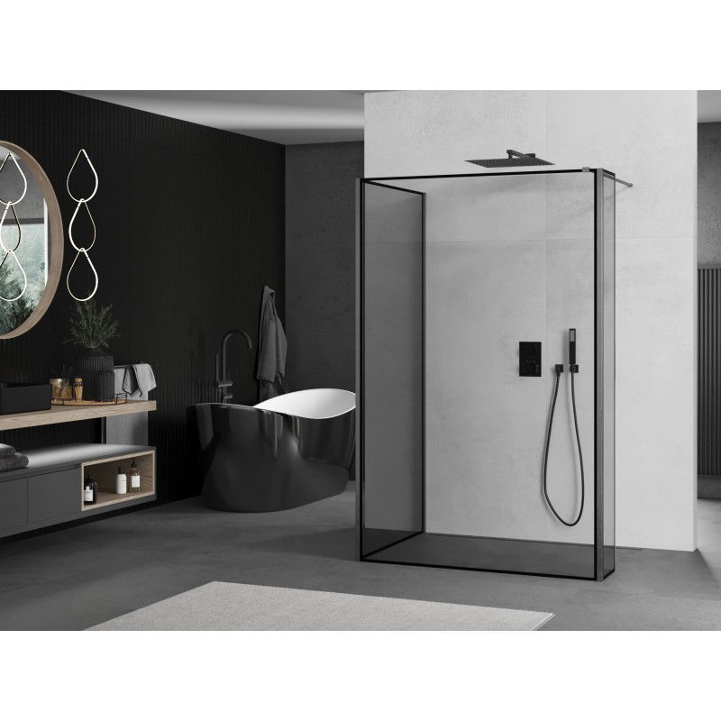 Mexen Kioto paroi de douche Walk-in 100 x 70 x 30 cm, cadre noir, gris canon brossé - 800-100-070-221-66-70-030