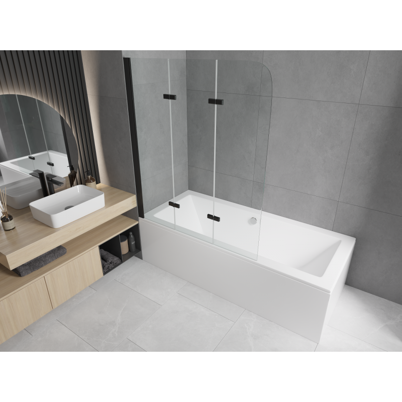Mexen Cube baignoire rectangulaire 170 x 80 cm avec habillage et paravent 3 volets 120 cm, transparent, noir