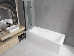 Mexen Cube baignoire rectangulaire 170 x 80 cm avec habillage et paravent 3 volets 120 cm, transparent, noir