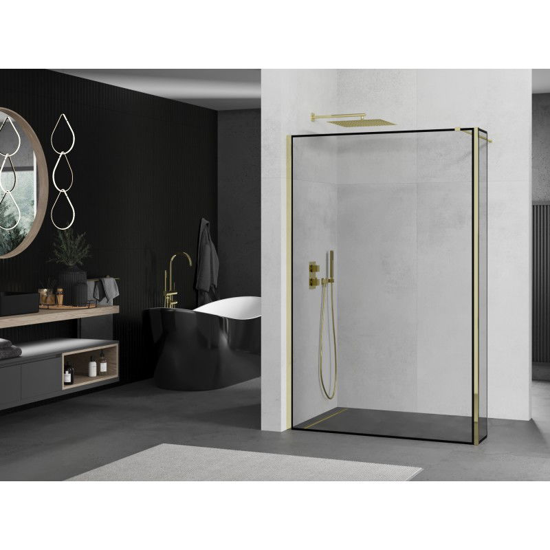 Mexen Kioto paroi de douche Walk-in 160 x 30 cm, cadre noir, or - 800-160-212-50-70-030