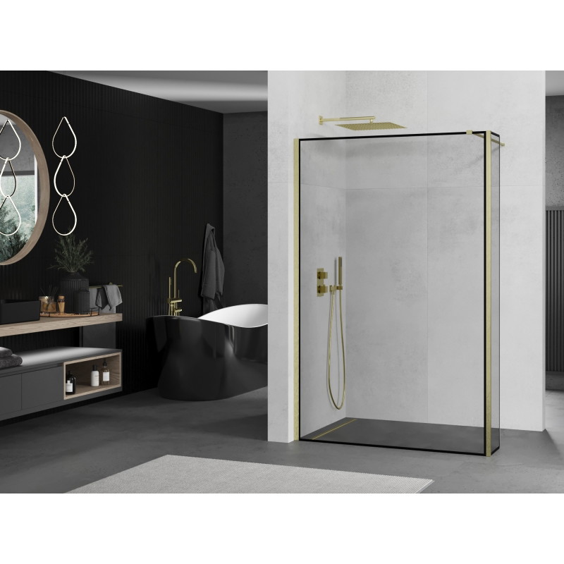 Mexen Kioto cloison de douche Walk-in 150 x 40 cm, cadre noir, or brossé - 800-150-212-55-70-040