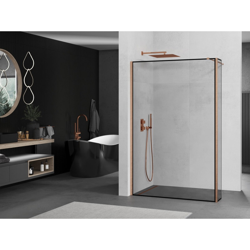 Mexen Kioto Paroi de douche Walk-in 130 x 30 cm, cadre noir, cuivre brossé - 800-130-212-65-70-030