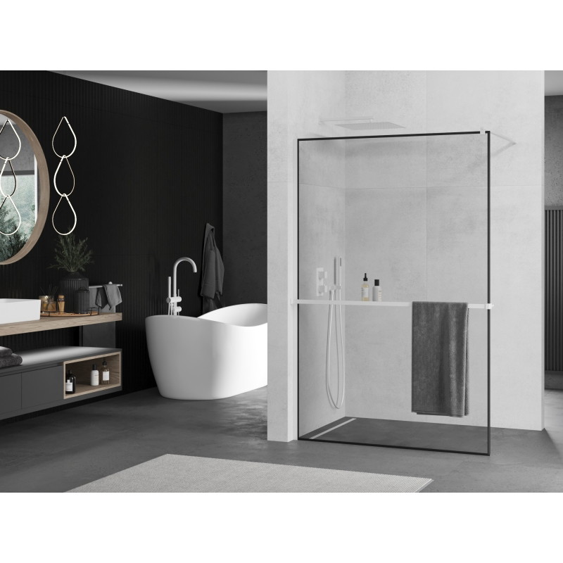 Mexen Kioto+ paroi de douche avec étagère Walk-in 100 x 200 cm, cadre noir, blanc - 800-100-121-20-70
