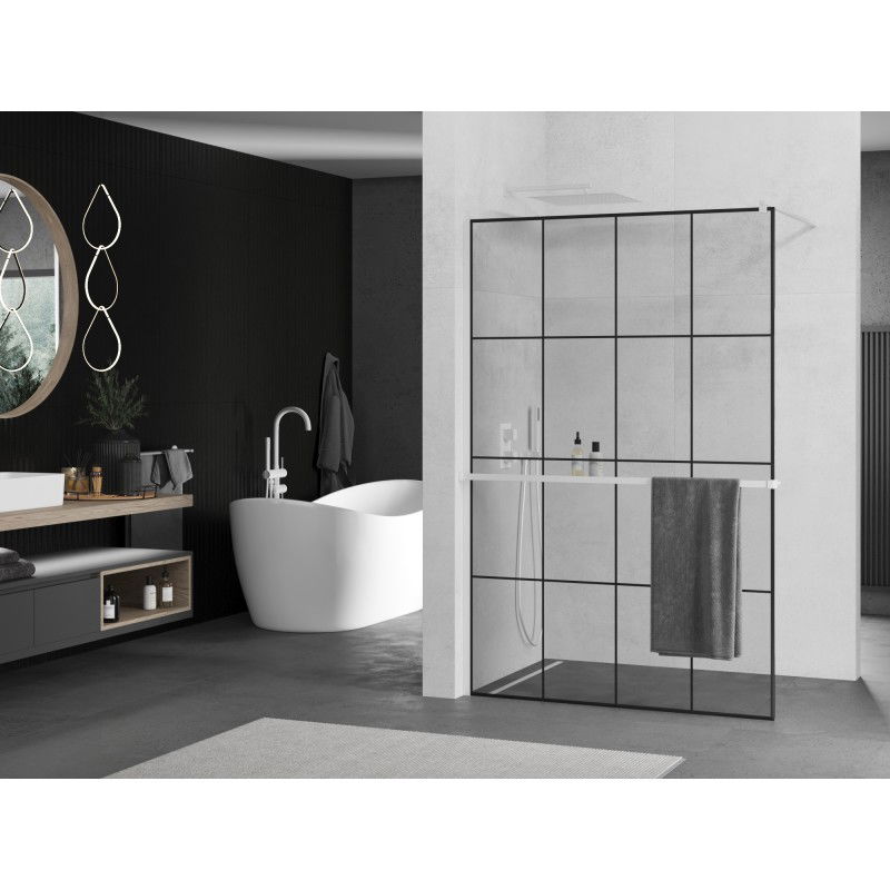 Mexen Kioto+ paroi de douche avec étagère Walk-in 140 x 200 cm, grille noire, blanche - 800-140-121-20-77