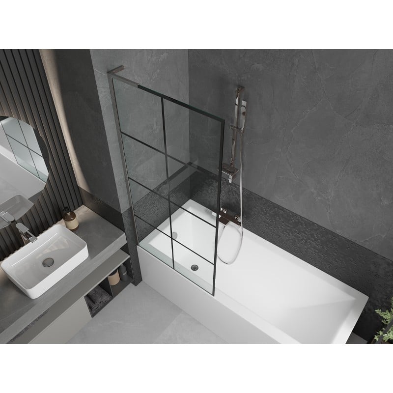 Mexen Next L paroi de baignoire 1 battant 80 x 150 cm, grille noire, chrome - 895-080-000-03-77-01