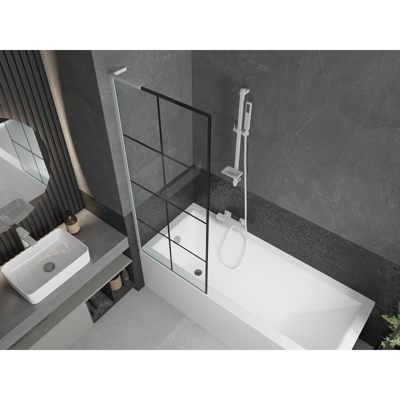 Mexen Next L paroi de baignoire à 1 vantail 70 x 150 cm, grille noire, blanc - 895-070-000-03-77-20